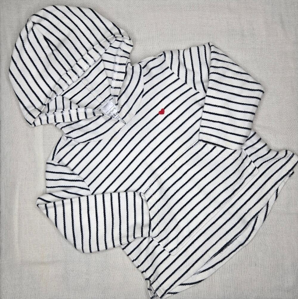 CARTERS White & Navy Striped Long Sleeve Hoodie w/ Red Heart Detail Size 24mo
